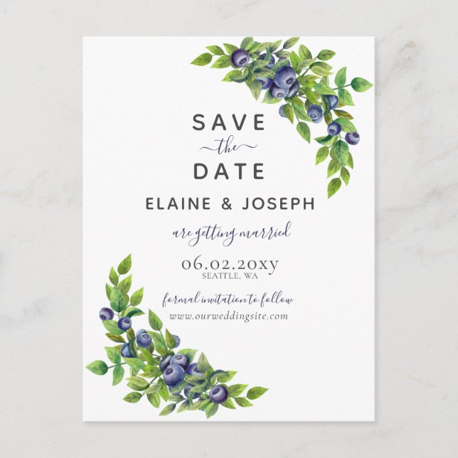 watercolor blueberries blue botanical wedding announcement postcard (Front)