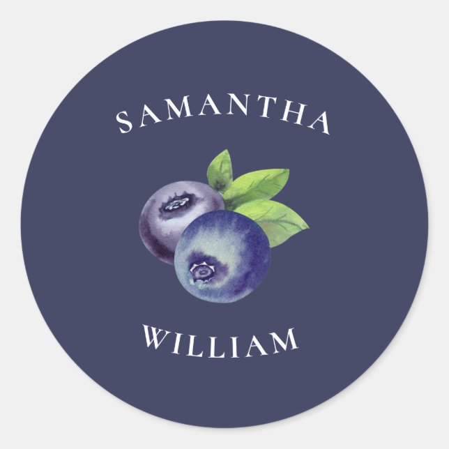 watercolor blueberries blue botanical wedding classic round sticker (Front)