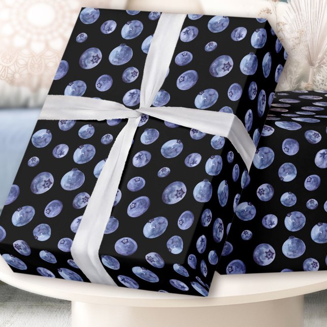 Watercolor Blueberries Pattern Blue Black  Wrapping Paper (Watercolor Blueberries Pattern Blue Black Wrapping Paper)