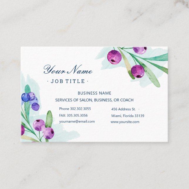 Watercolor Blueberries Wellness Coach Business Card (Front)