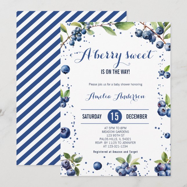 Watercolor Blueberry a Sweet Berry Boy Baby Shower Invitation (Front/Back)