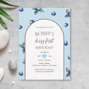 Watercolor Blueberry Baby Boy Berry First Birthday Invitation