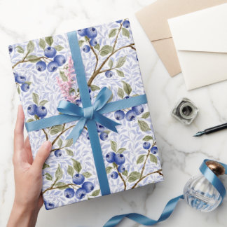 Watercolor Blueberry Botanical in Blue Green White Wrapping Paper
