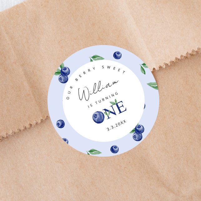 Watercolor Blueberry boy 1st birthday Classic Round Sticker (Creator Uploaded)