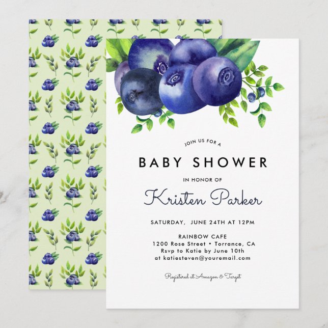 Watercolor Blueberry Boy Baby Shower Invitation (Front/Back)