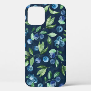 Watercolor Blueberry Dark Background Pattern iPhone 12 Case