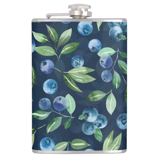 Watercolor Blueberry Dark Background Pattern Hip Flask (Front)