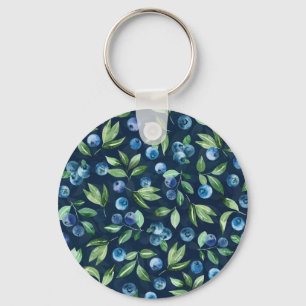 Watercolor Blueberry Dark Background Pattern Key Ring