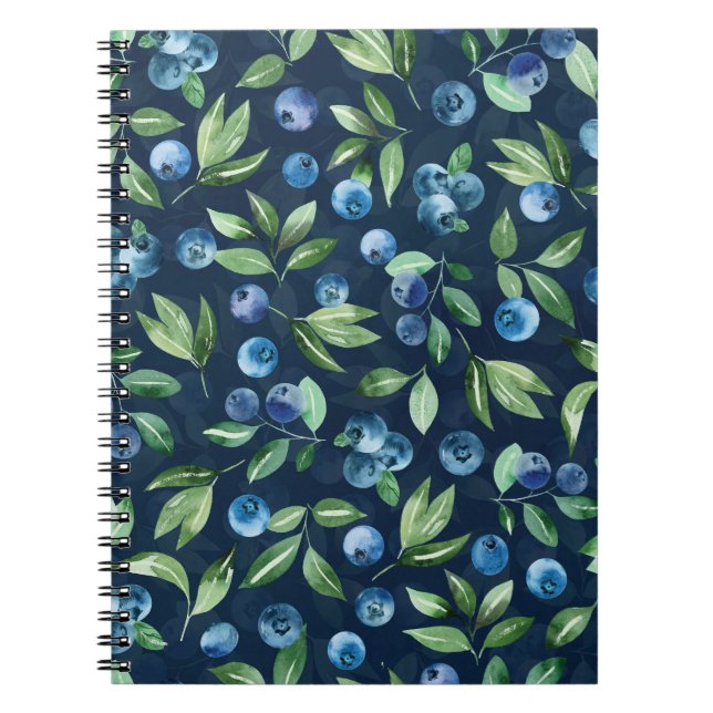Watercolor Blueberry Dark Background Pattern Notebook (Front)