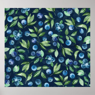 Watercolor Blueberry Dark Background Pattern Poster