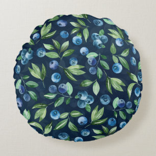 Watercolor Blueberry Dark Background Pattern Round Cushion
