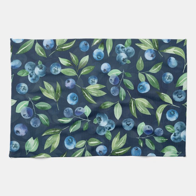 Watercolor Blueberry Dark Background Pattern Tea Towel (Horizontal)