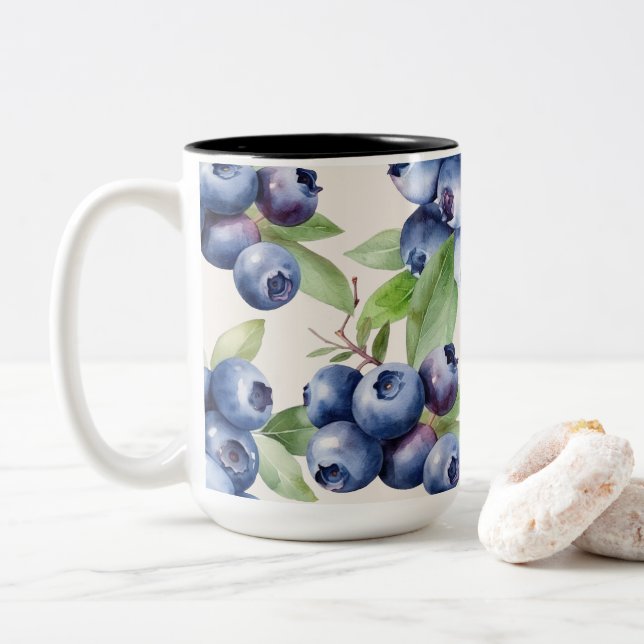 Watercolor Blueberry Elegance Two-Tone Coffee Mug (With Donut)