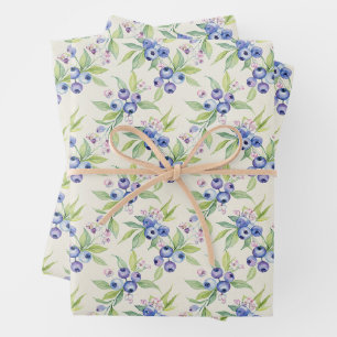 Watercolor Blueberry Fruit and Blueberry Flowers Wrapping Paper Sheet