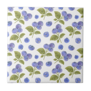 Watercolor Blueberry Fruit and Blueberry Leaves  Tile