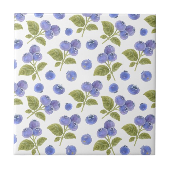Watercolor Blueberry Fruit and Blueberry Leaves  Tile (Front)