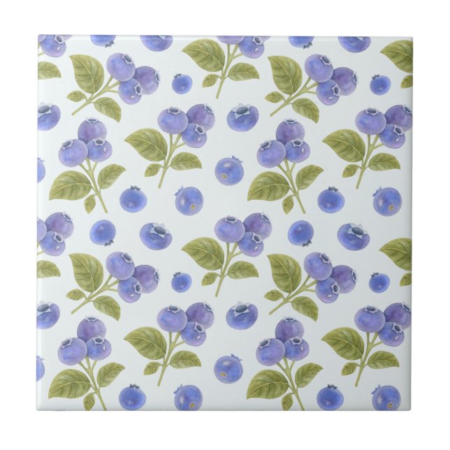 Watercolor Blueberry Fruit with Leaves Light Blue Tile (Front)