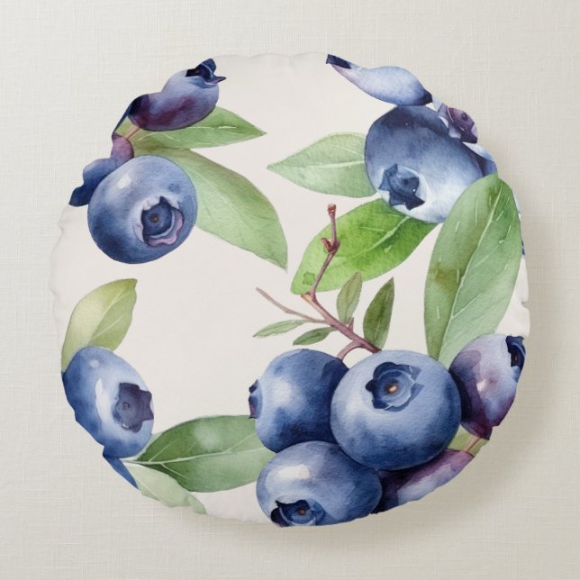 Watercolor Blueberry Garden Round Pillow (Front)