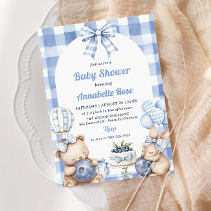Watercolor Blueberry Gingham 1st Baby Shower Party Invitation