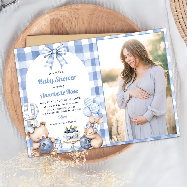 Watercolor Blueberry Gingham 1st Baby Shower Party Invitation (Creator Uploaded)