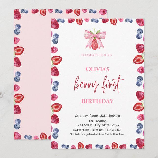 Watercolor Blueberry Strawberry 1st Birthday Invitation (Front/Back)