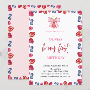 Watercolor Blueberry Strawberry 1st Birthday Invitation