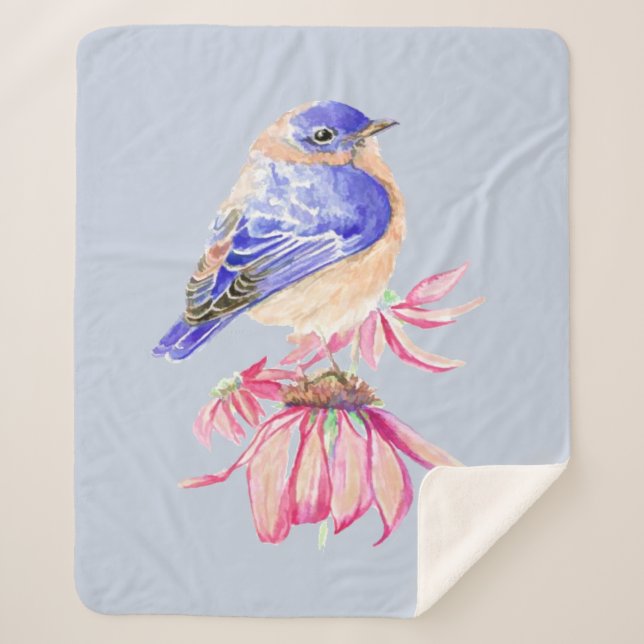 Watercolor Bluebird Cone flower Garden Bird Sherpa Blanket (Front)