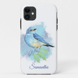 Watercolor Bluebird Garden Bird with Custom Name iPhone 11 Case