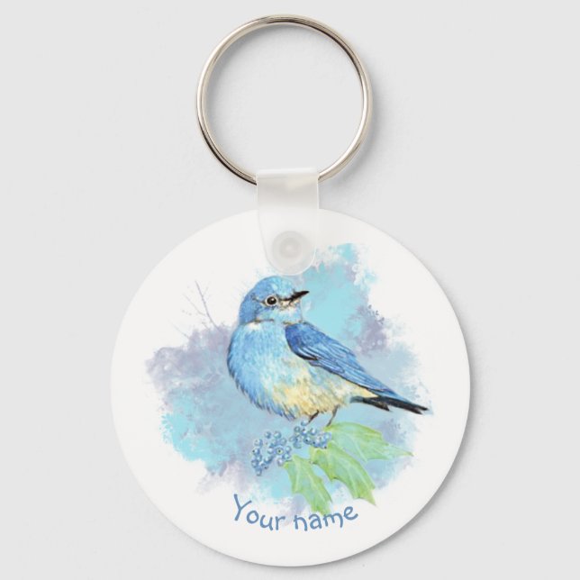 Watercolor Bluebird Pretty Blue Garden Bird Art Key Ring (Front)