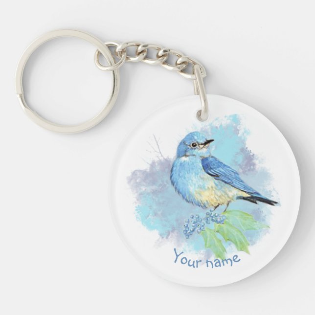 Watercolor Bluebird Pretty Blue Garden Bird Art Key Ring (Front)