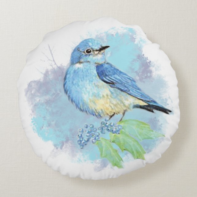 Watercolor Bluebird Pretty Blue Garden Bird Art Round Cushion (Back)
