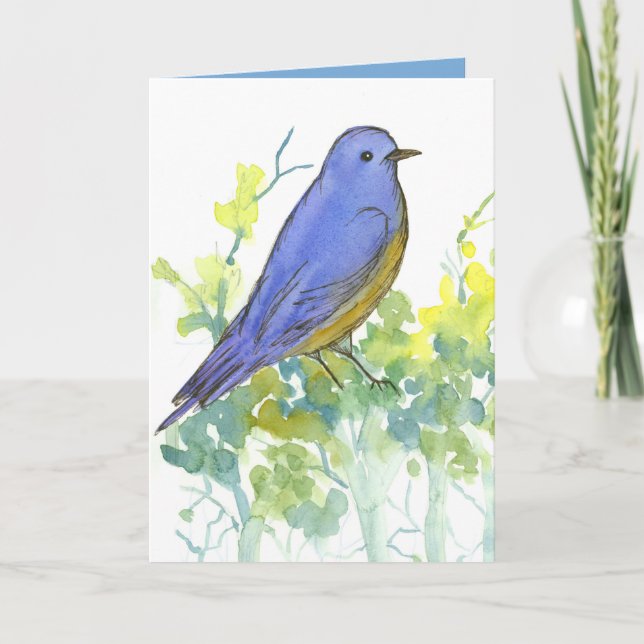 Watercolor Bluebird Sagebrush Happy Birthday Card (Front)
