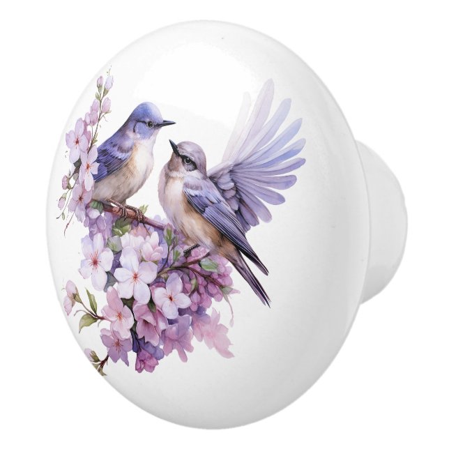 Watercolor Bluebirds and Cherry BLossoms Ceramic Knob (Right)