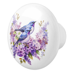 Watercolor Bluebirds and Lilacs Ceramic Knob