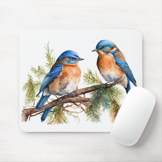Watercolor Bluebirds Mouse Mat (With Mouse)