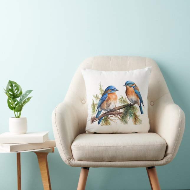 Watercolor Bluebirds on Pine Cushion (Chair)