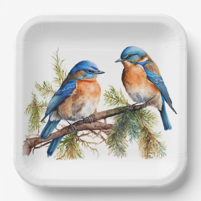 Watercolor Bluebirds on Pine Paper Plate (Front)