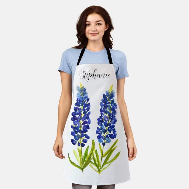 Watercolor Bluebonnets Texas Flowers Blue Floral Apron (Worn)