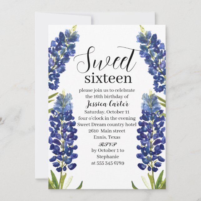 Watercolor Bluebonnets Wildflower Sweet 16 Sixteen Invitation (Front)