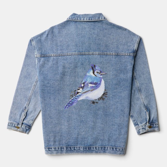 Watercolor Bluejay Wildlife Nature Bird Art Denim Jacket (Back)