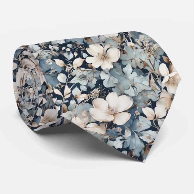 Watercolor blues and cream floral tie (Rolled)
