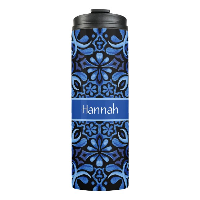 Watercolor Blues Mediterranean Tile Design  Thermal Tumbler (Front)