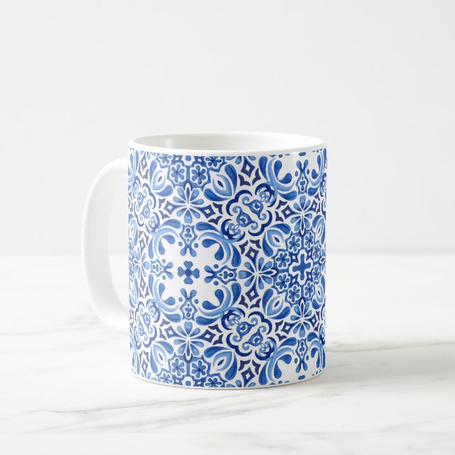 Watercolor Blues Mediterranean Tile on White Coffee Mug (Front Left)