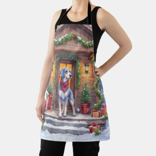 Watercolor Bluetick Coonhound Cabin Porch Christma Apron