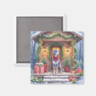 Watercolor Bluetick Coonhound Cabin Porch Christma Magnet