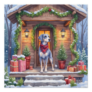 Watercolor Bluetick Coonhound Cabin Porch Christma Poster