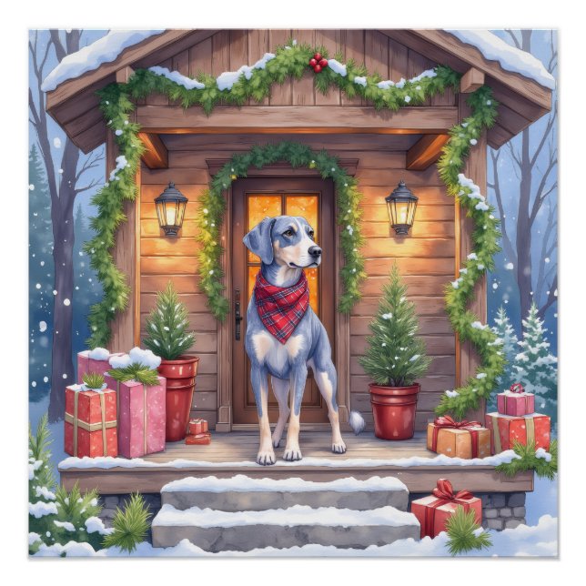 Watercolor Bluetick Coonhound Cabin Porch Christma Poster (Front)