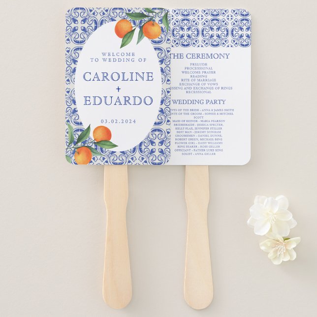 Watercolor Bluetile Mediterranean Programs Wedding Hand Fan (Creator Uploaded)