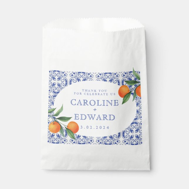 Watercolor Bluetile Mediterranean Wedding Favour Bags (Front)