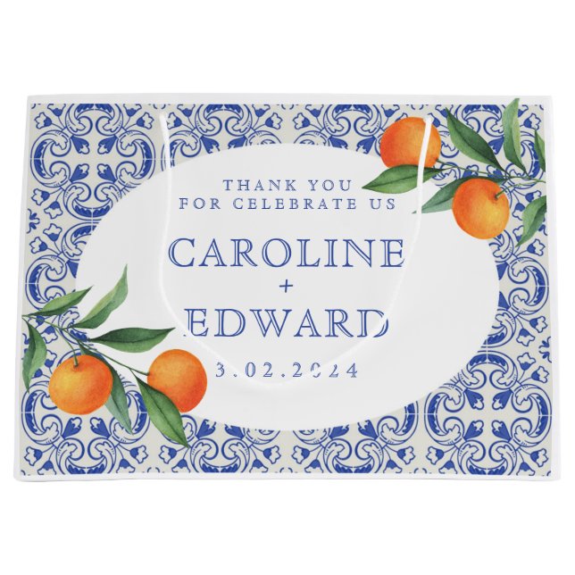 Watercolor Bluetile Mediterranean Wedding Large Gift Bag (Front)